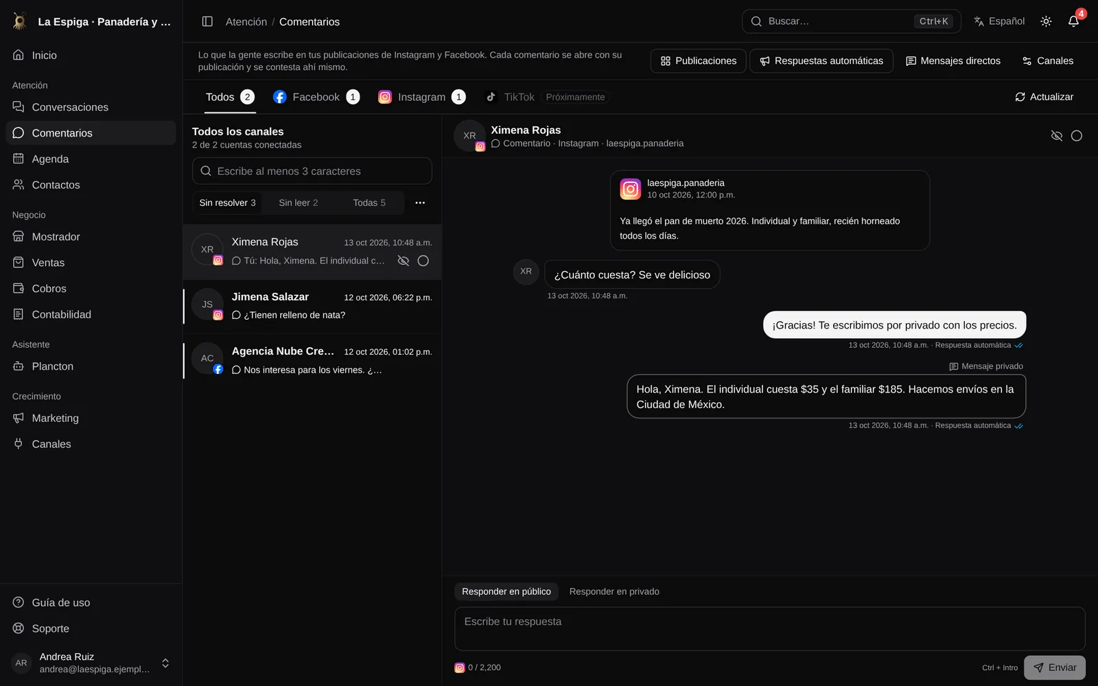 Comentarios de Instagram con respuesta pública y mensaje privado