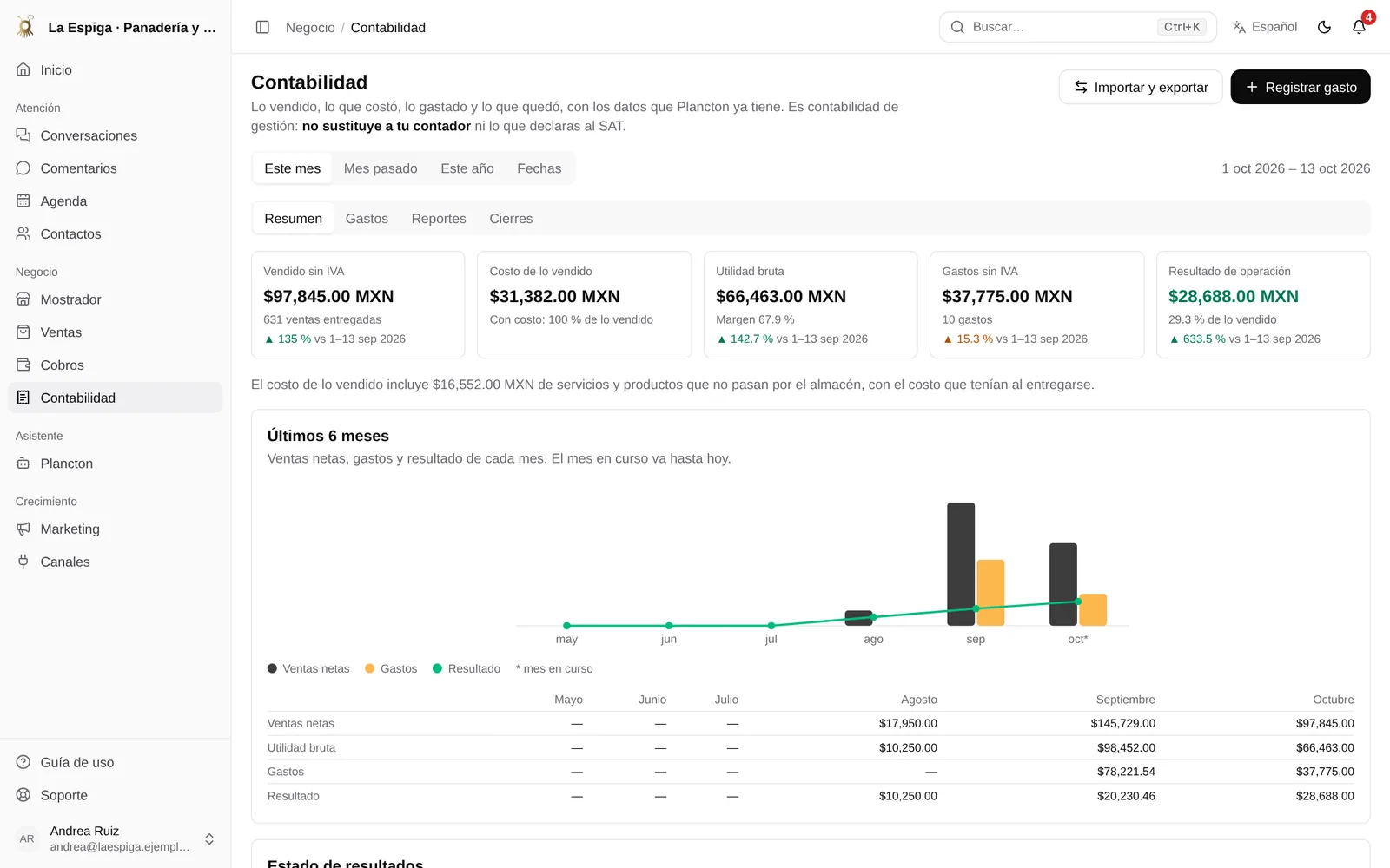 Contabilidad de gestión con ventas, costo, gastos y resultado del mes
