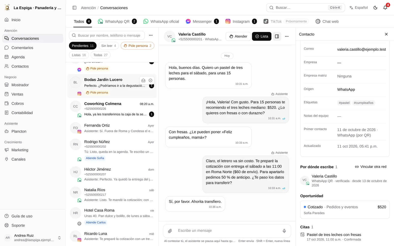 Bandeja de Plancton con conversaciones de WhatsApp, Instagram, Messenger y chat web