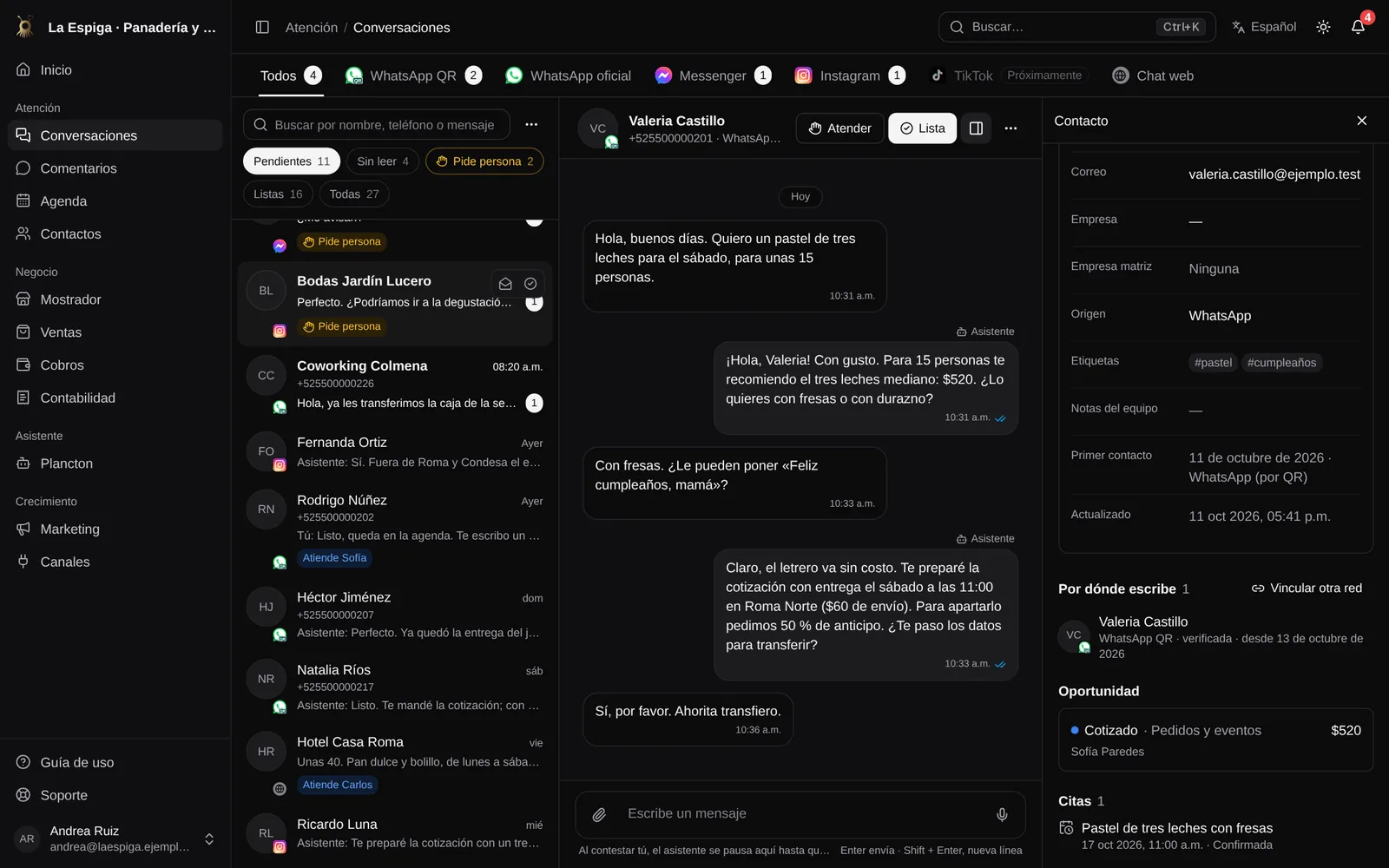 Bandeja de Plancton con conversaciones de WhatsApp, Instagram, Messenger y chat web