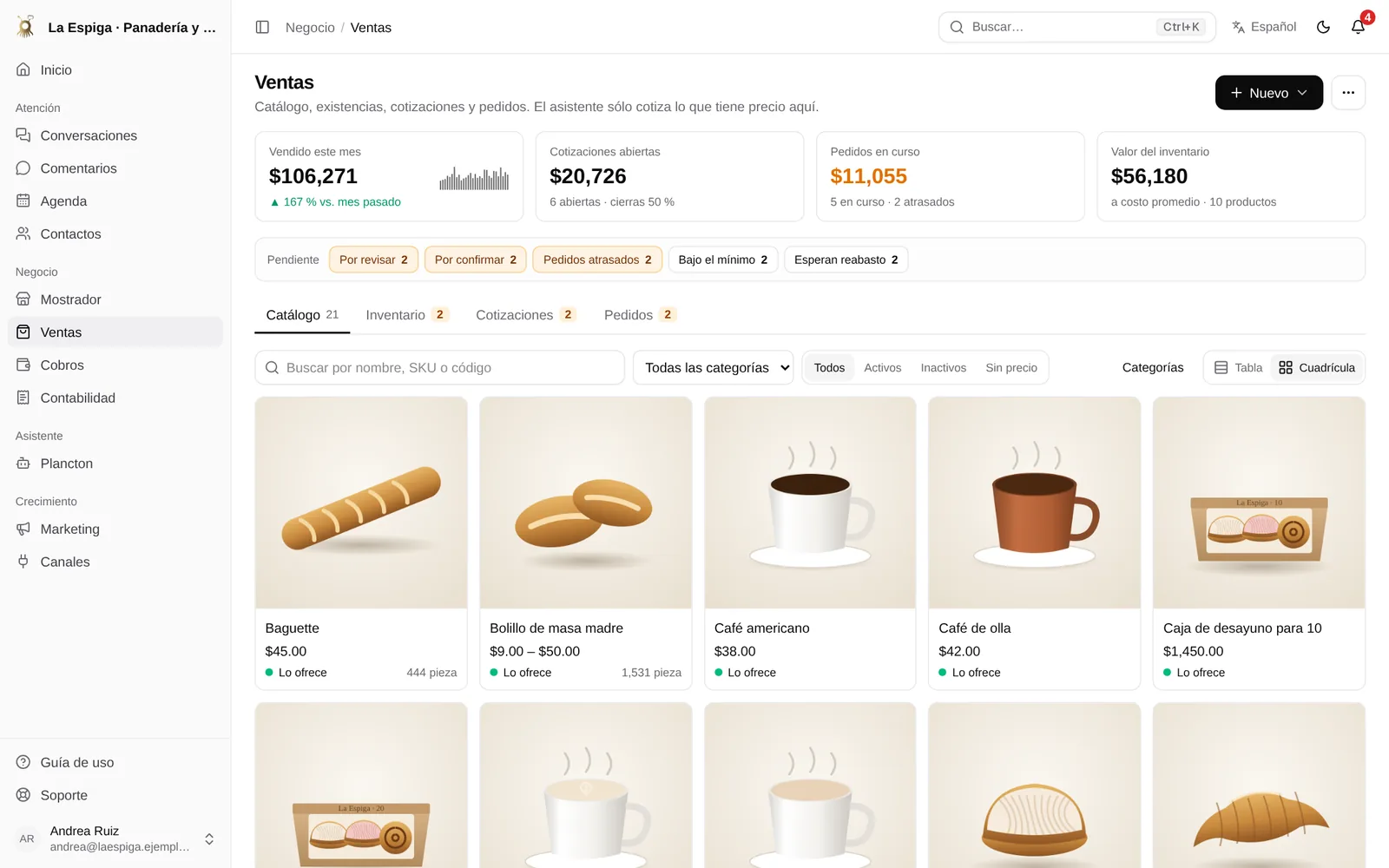 Catálogo de productos con existencias, cotizaciones y pedidos en Plancton