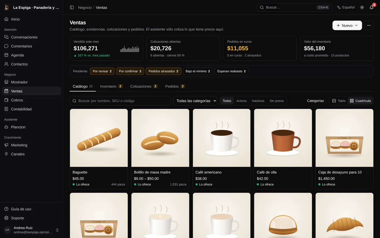 Catálogo de productos con existencias, cotizaciones y pedidos en Plancton